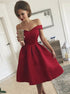 Off the Shoulder Pleated Red Satin Short Prom Dress LBQ0665